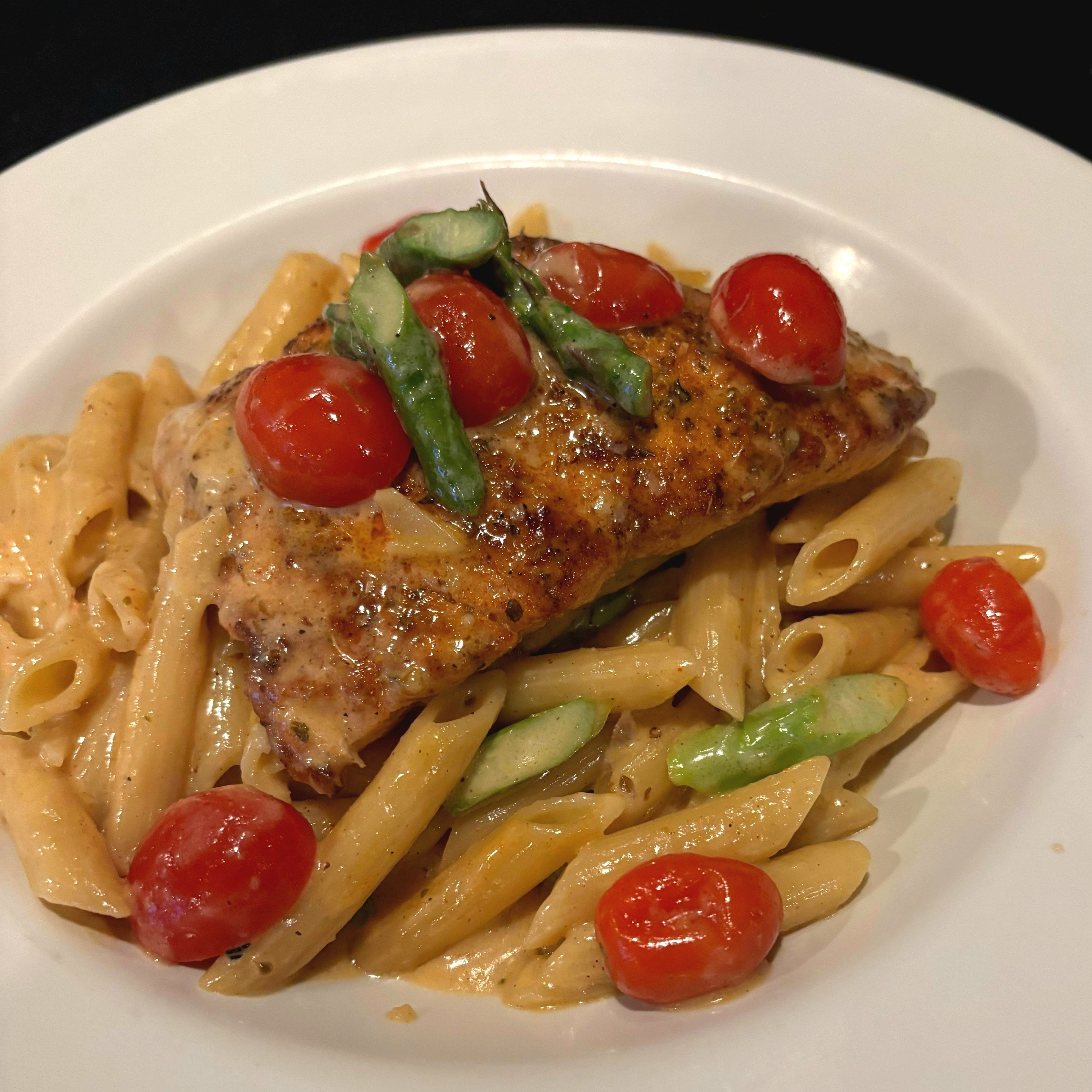 Blackened Salmon Penne Alfredo.
